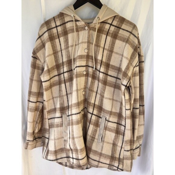 Maniere De Voir Jacket Womens 10 Brown Wool Plaid Zip Back Faux Leather Hooded - Picture 1 of 9